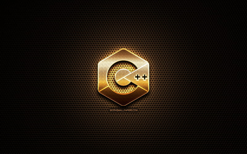 C Plus Plus glitter logo, programming language, grid metal background, C Plus Plus, creative, programming language signs, C Plus Plus logo, HD wallpaper