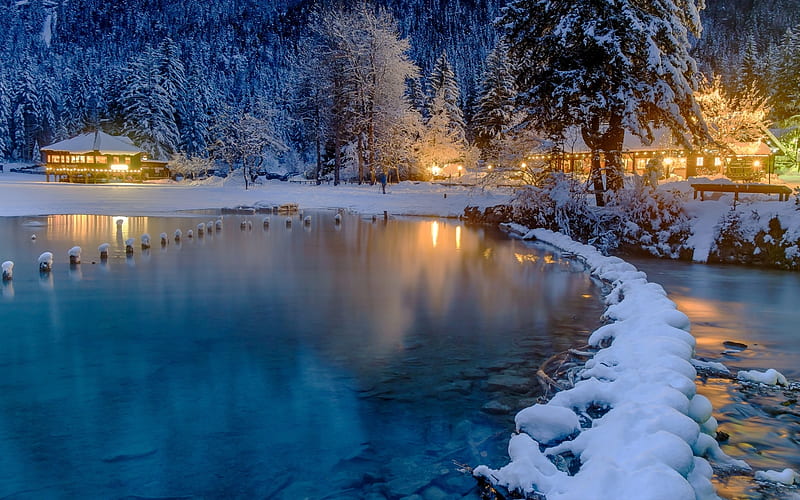 Winter Lake, House, Winter, Trees, Lake, Snow, Lights, HD wallpaper ...