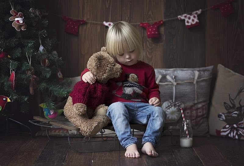 :-), christmas, boy, craciun, toy, copil, child, teddy bear, HD wallpaper