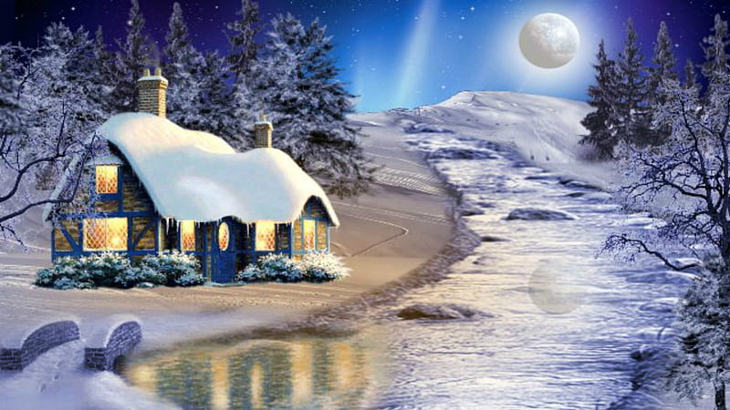 ~*~ Winter Wonderland ~*~, winter house, winter holidays, reflections, winter full moon, winter wonderland, HD wallpaper