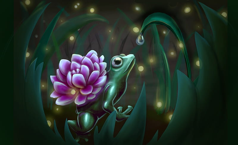 Lotus frog, frog, fantasy, lotus, elizaveta dovgal, green, plant, flower, pink, water, HD wallpaper