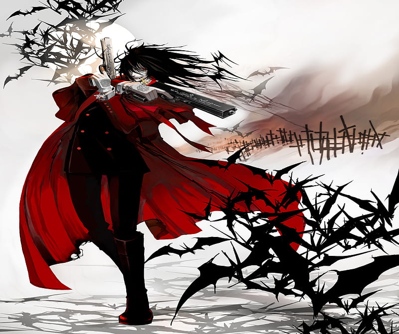 Hellsing, Alucard, anime, monochrome, weapon, black background