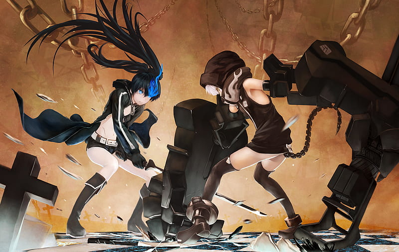 Black★Rock Shooter, rock, fighter, boots, two girls, thighhighs, mechanical arm, cape, black rock shooter, strength, checkered floor, hot, anime girl, weapon, sword, black hair, chain, female, tail, shooter, twintails, sexy, growing blue, cannon, hammer, crash, bikini, cool, battle, cross, growing eye, HD wallpaper