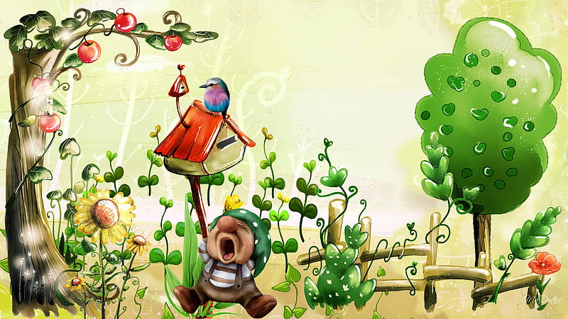 An Imaginary World, fence, silly, elf, gnome, firefox persona, trees, cute, tomatoes, whimsical, flowers, dwarf, HD wallpaper