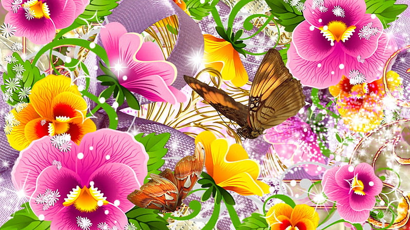 Pansies and Butterflies, stars, colorful, flowers, glow, ribbon, shine, swirls, spring, sparkle, gold, butterfly, summer, pansies, papillon, flowers, pink, HD wallpaper