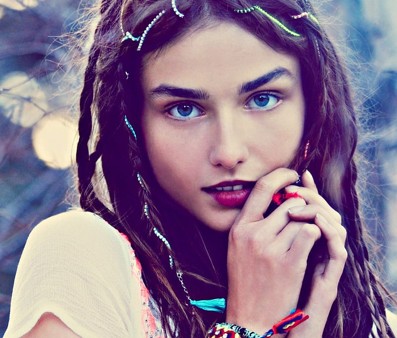Andreea Diaconu, purple, girl, model, romanian, face, woman, blue, HD wallpaper