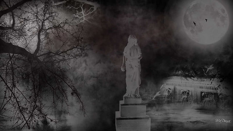 Halloween at the Graveyard, haunting, , halloween, angel, stairs, trees, crypt, fog, moon, scary, HD wallpaper