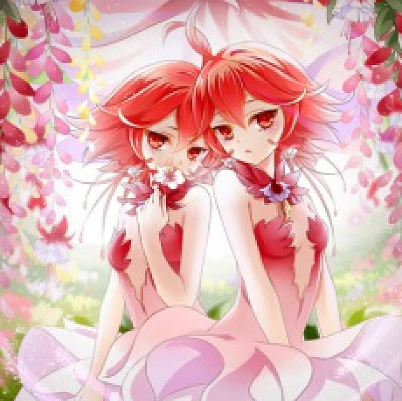Flower Twins, pretty, redhead, dual, sweet, floral, nice, anime, beauty, anime girl, twins, lovely, gown, sexy, red eyes, red, dress, divine, bonito, sublime, elegant, double, blossom, duo, hot, pink, gorgeous, female, elf, red hair, girl, flower, petals, angelic, HD wallpaper