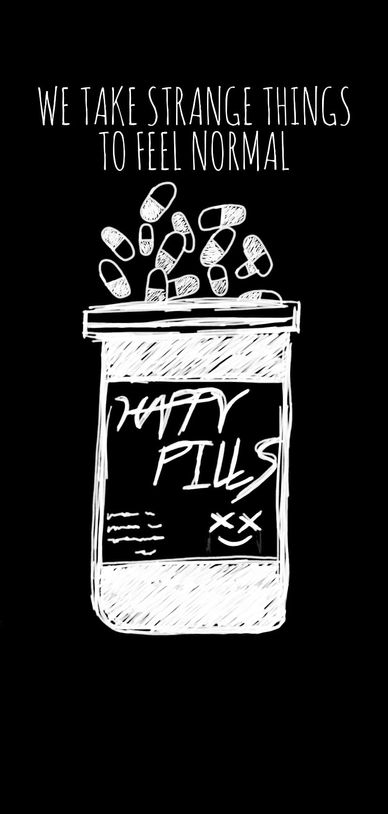 Happy pills drawn, aesthetic, amoled, art, black, dark, depression, grunge, lofi, HD phone wallpaper
