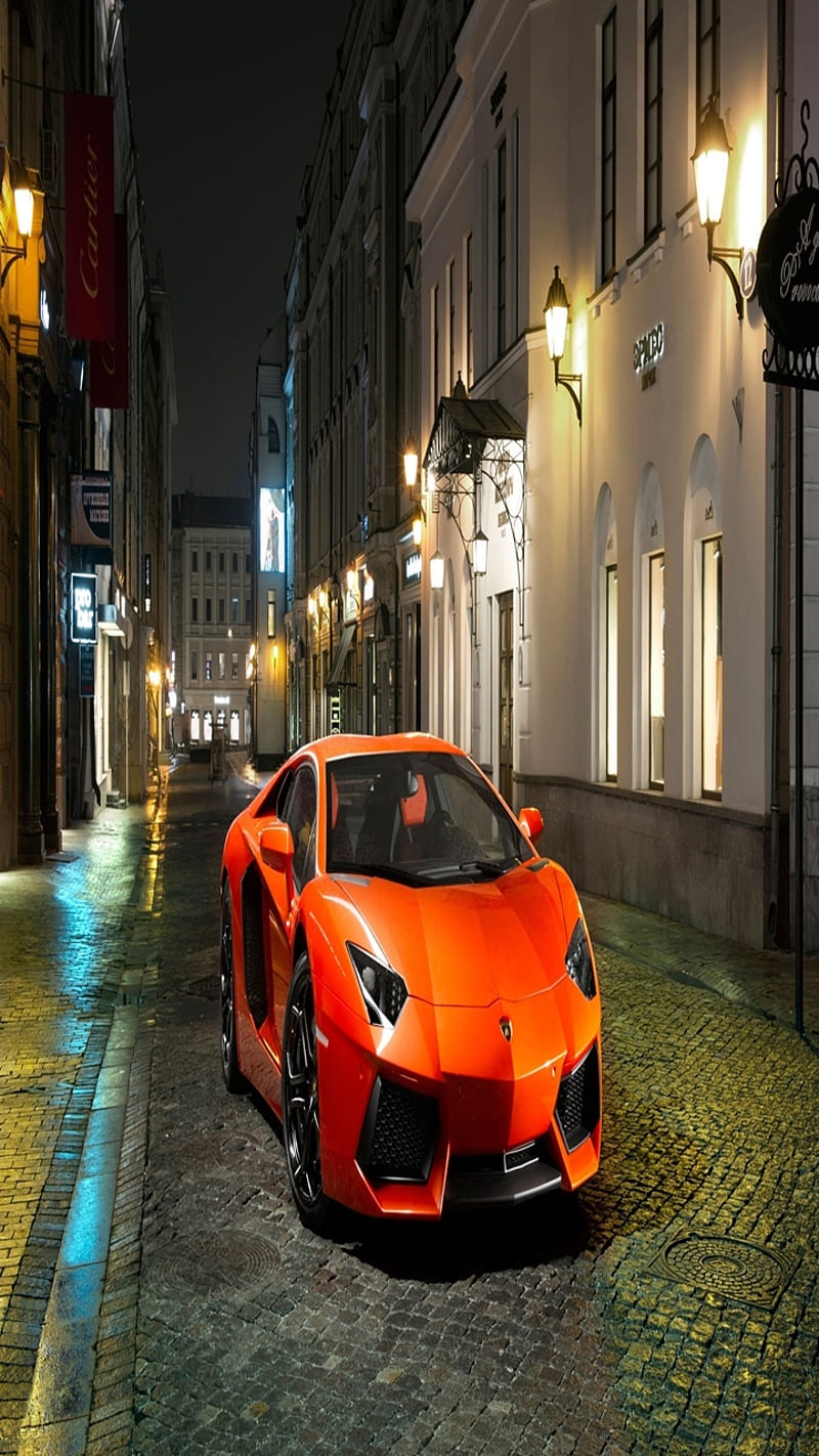 cool car, ease, lights, luxury, nice, night, orange, road, vehicles, HD phone wallpaper