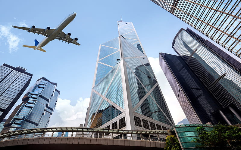 Bank of China Tower, modern architecture, skyscrapers, Hong Kong, airliner, business concepts, business world, HD wallpaper