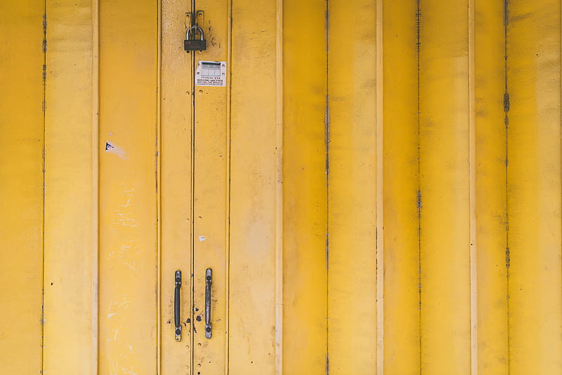 closed yellow wooden door with padlock, HD wallpaper