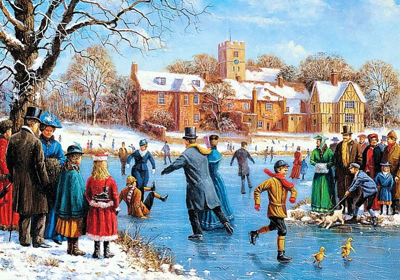 Victorian Skating, people, ice, frozen, lake, artwork, HD wallpaper