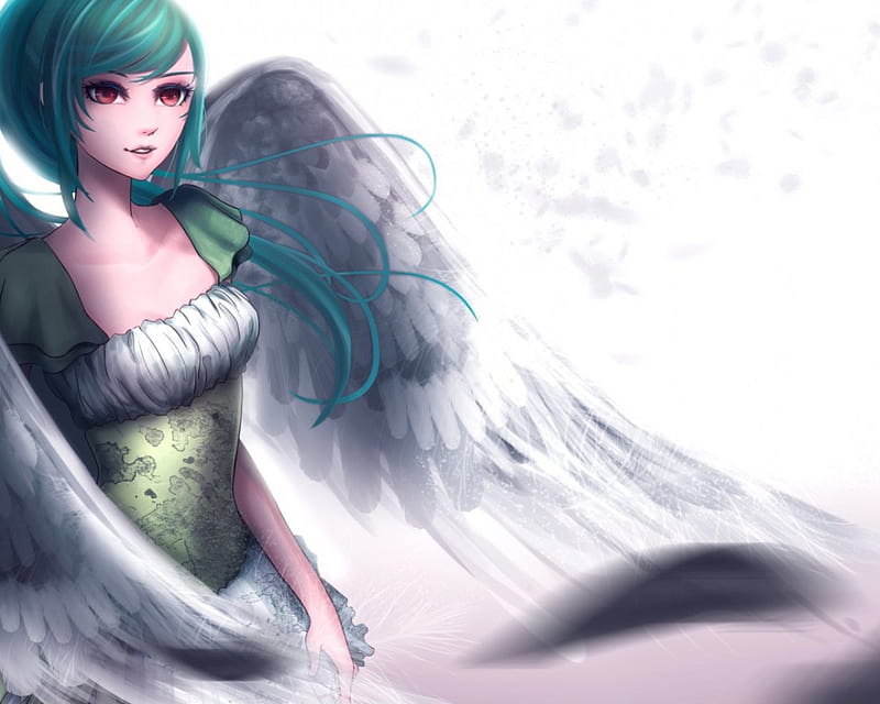 Angel, art, female, wings, dress, wind, nice, girl, anime, green hair, red eyes, feathers, pony tail, HD wallpaper