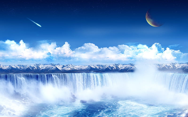 Artistic Nature, artistic, comets, scened, nice, fantasy, city, scenario, zambeze, painting, cities, rivers, blue, falls, amazing, moons, niagara, paysage, foam, rapids, sky, abstract, waterfalls, water, cool, universe, awesome, nature, iguazu, HD wallpaper