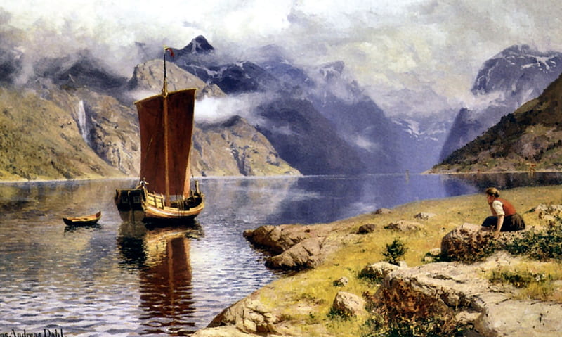 Awaiting His Return, art, old master, Fjord, bonito, artwork, Hans Dahl, water, painting, wide screen, Dahl, seascape, scenery, oldmaster, landscape, HD wallpaper