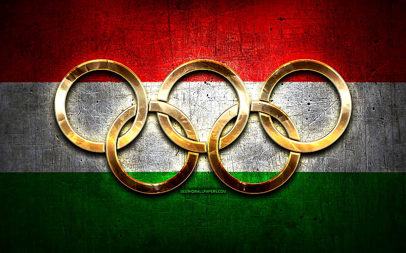 Hungarian olympic team, golden olympic rings, Hungary at the Olympics, creative, Hungarian flag, metal background, Hungary Olympic Team, flag of Hungary, HD wallpaper
