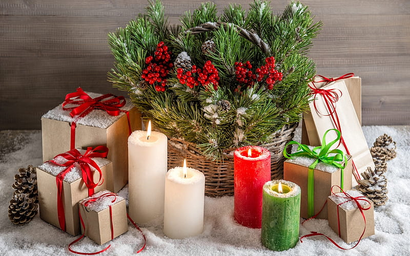 Fourth Advent, Chritmas, Advent, gifts, candles, basket, HD wallpaper