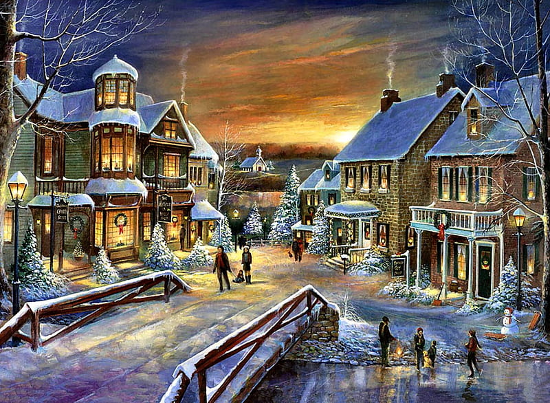 Holiday Village F5mp, Christmas, art, holiday, December, illustration, artwork, winter, snow, painting, wide screen, village, occasion, scenery, HD wallpaper