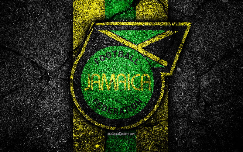 Jamaica national football team emblem, CONCACAF, grunge, North America, asphalt texture, soccer, Jamaica, logo, North American national teams, black stone, Jamaican football team, HD wallpaper