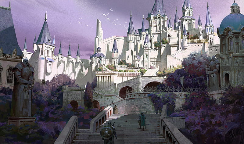 Castle, world, art, fantasy, luminos, stairs, white, pink, HD wallpaper