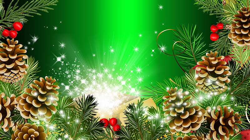 Christmas in Greens, fir, winter, Firefox theme, colorful, Christmas, holiday, pine cones, snow, berries, green, bright, HD wallpaper