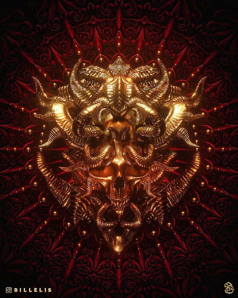 billelis, dark, religion, death, skull, gold, red, HD phone wallpaper