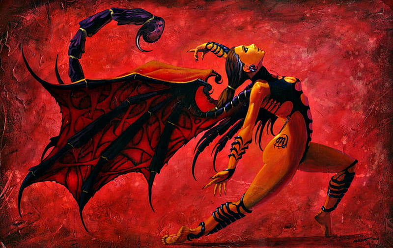 Zodiac ~ Scorpio, red, art, wings, tail, Stanley Morrison, black, zodiac, fantasy, girl, bat, HD wallpaper