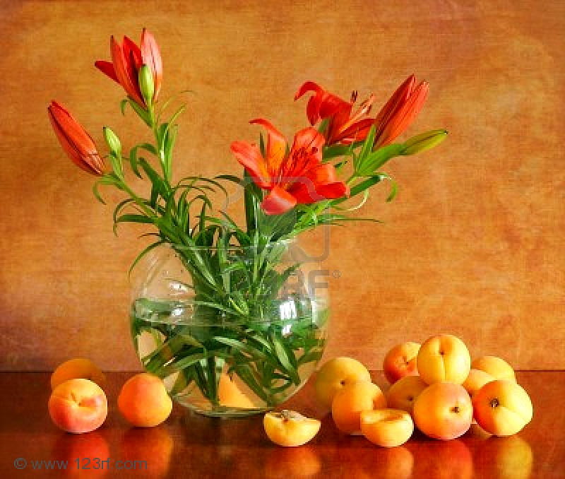 Burst, red, nectarines, stems, lilies, vase, fruit, glass, water, green, peaches, flowers, HD wallpaper