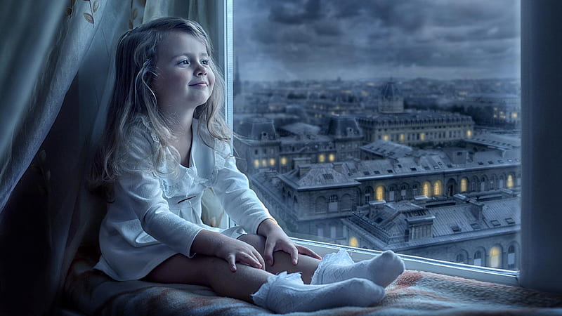 Cute Little Girl Is Sitting Near Window Watching Outside, HD wallpaper