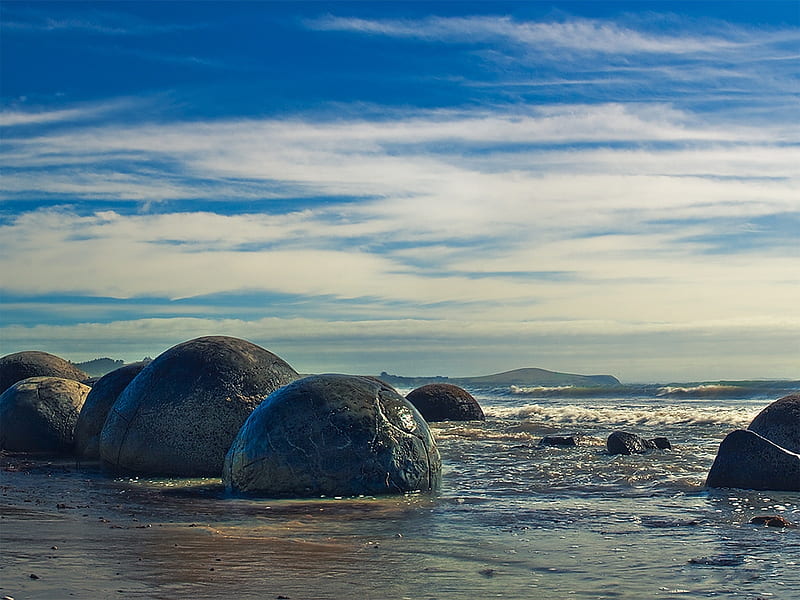 Moeraki, boulder, rock, ocean, waves, beach, new zealand, sand, water, moerki, HD wallpaper