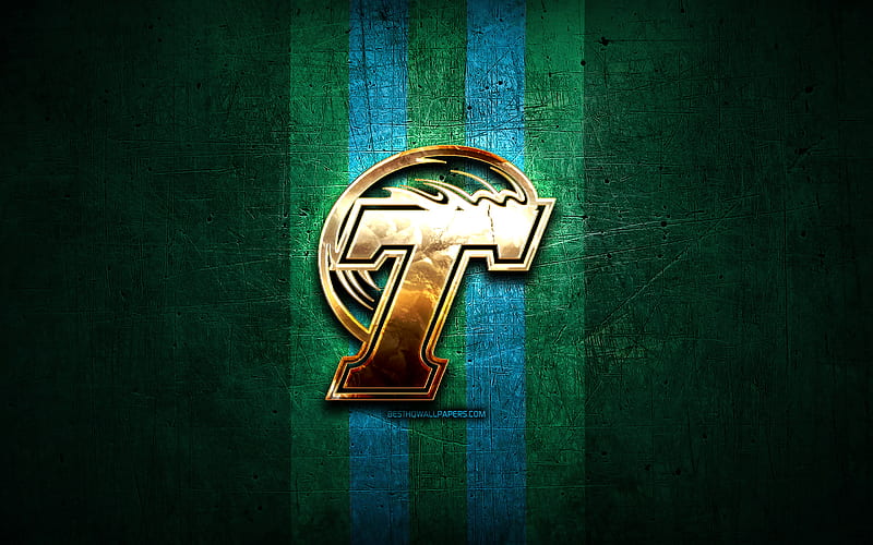 Tulane Green Wave, golden logo, NCAA, green metal background, american football club, Tulane Green Wave logo, american football, USA, HD wallpaper