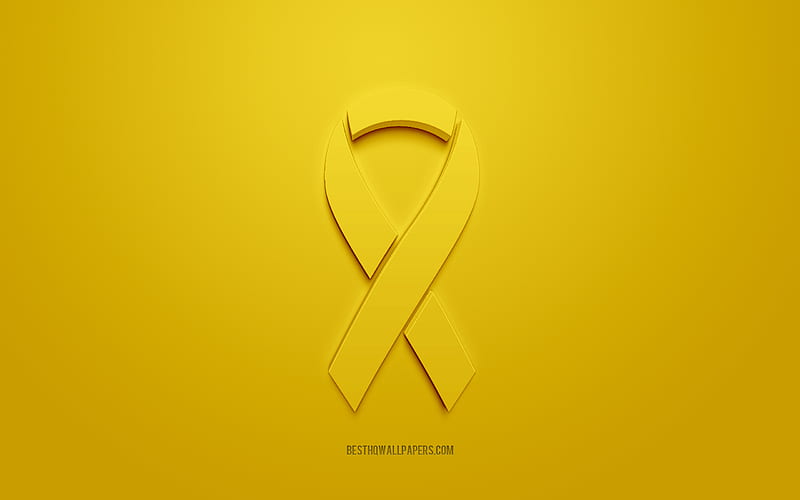 Bladder Cancer ribbon, creative 3D logo, yellow 3d ribbon, Bladder Cancer Awareness ribbon, Bladder Cancer, yellow background, Cancer ribbons, Awareness ribbons, HD wallpaper
