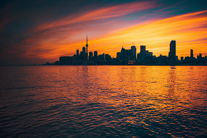 city, sunset, evening, water, HD wallpaper