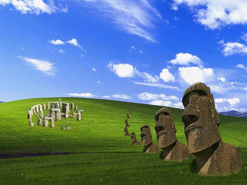 alittle bit of this and that, easter island, windows, tiki, stone hendge, clouds, field, HD wallpaper