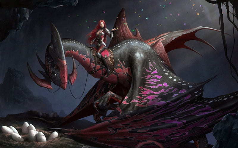 Dragon rider, wings, luminos, black, dragon, egg, fantasy, rider, girl, pink, HD wallpaper