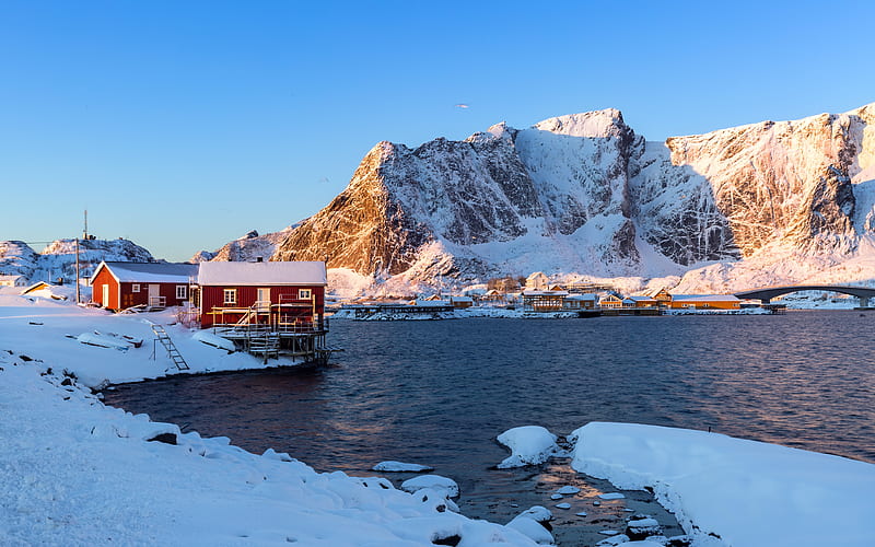 Norway Snowy mountains Fishing village 2019, HD wallpaper