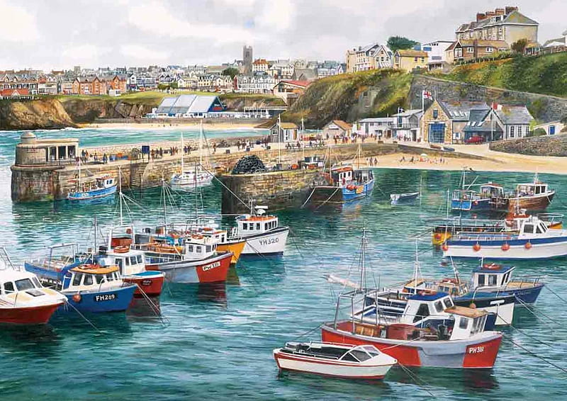 Newquay Harbour, newquay, boats, water, harbour, houses, coast, sea, HD wallpaper