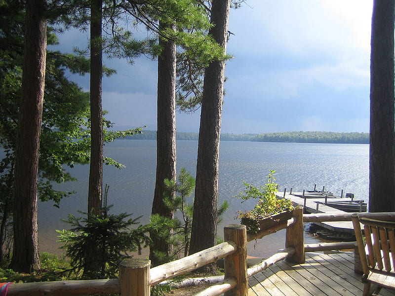 From The Deck, cottage, view, summer, sunny, trees, deck, lake, HD wallpaper