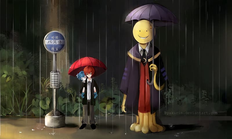 Anime, Rain, Umbrella, Koro Sensei, Nagisa Shiota, Assassination Classroom, Karma Akabane, HD wallpaper