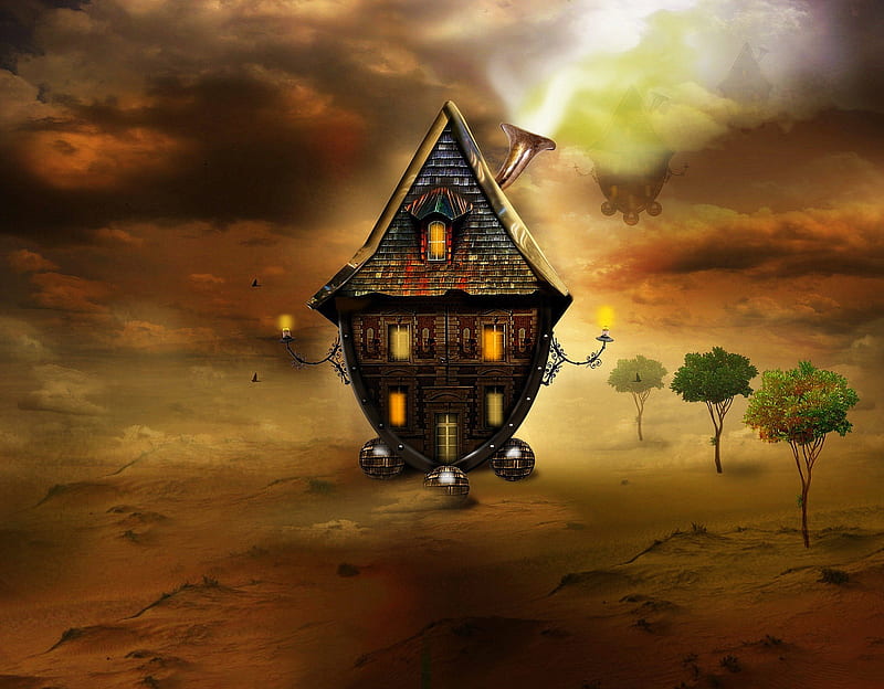 -House in the Desert-, premade BG, fireplace home, panoramic view, home, attractions in dreams, most ed, clouds, stock , landscapes, exterior, resources, animals, flying birds, desert, roof, lanterns, houses, colors, love four seasons, creative pre-made, trees, piano, cool, balls, backgrounds, HD wallpaper