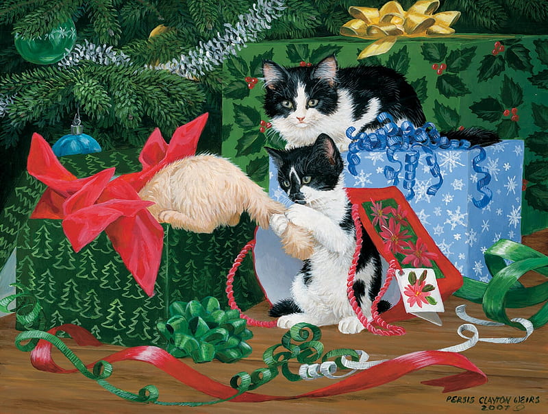 Christmas fun, art, pusici, persis clayton weirs, craciun, christmas, fun, kitten, cat, toy, HD wallpaper