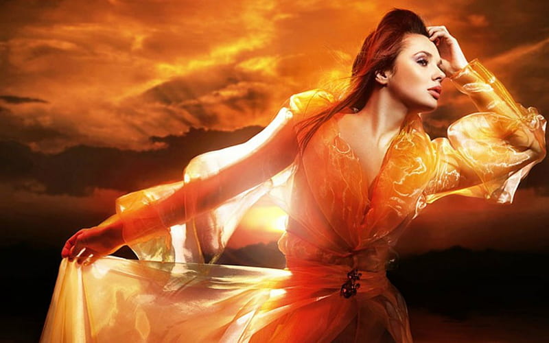 Orange Beauty, model, woman, fashion, orange, HD wallpaper