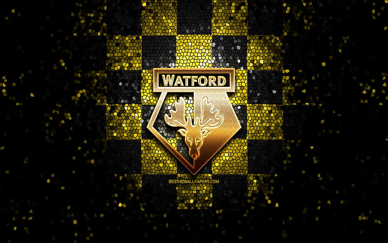 Watford FC, glitter logo, Premier League, black yellow checkered background, soccer, FC Watford, english football club, Watford logo, mosaic art, football, England, HD wallpaper