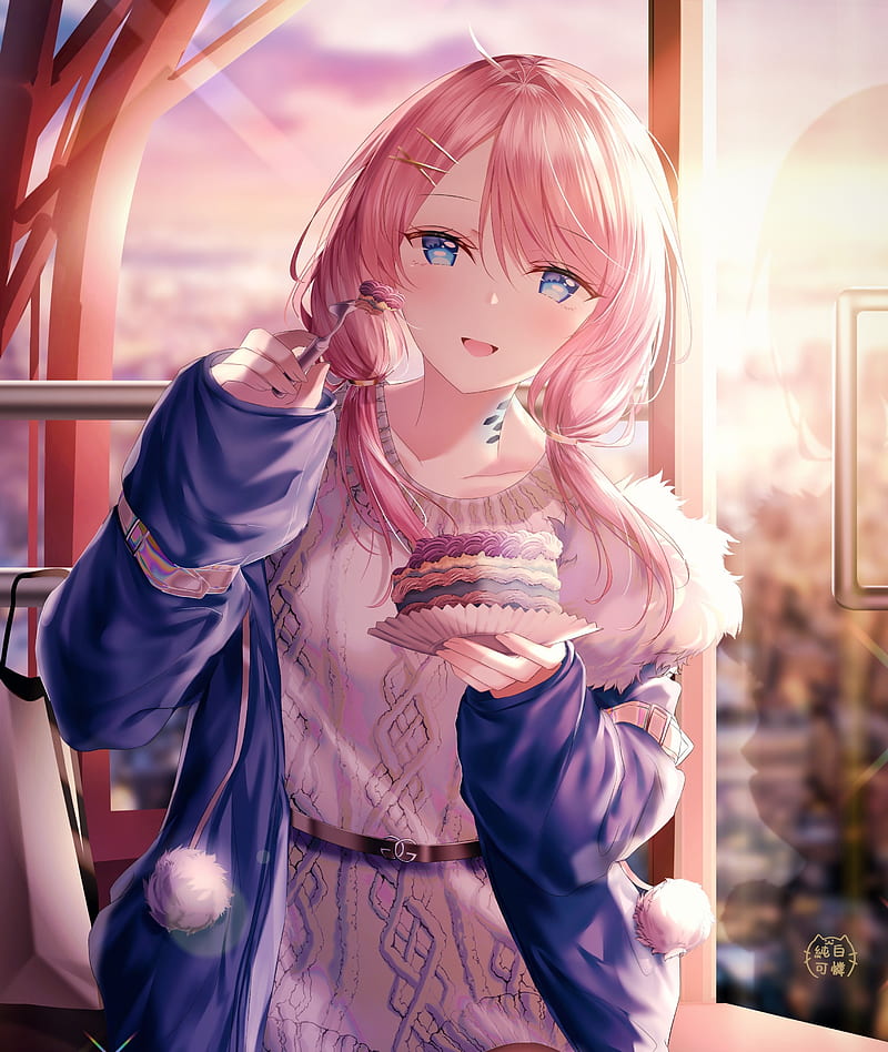 blue poison, arknights, pink hair, dessert, cute, sweater, sunlight, Anime, HD mobile wallpaper