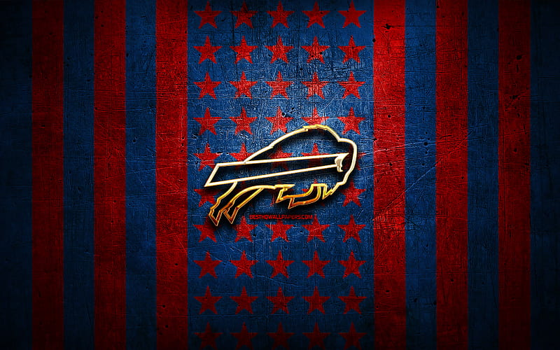Buffalo Bills flag, NFL, blue red metal background, american football team, Buffalo Bills logo, USA, american football, golden logo, Buffalo Bills, HD wallpaper