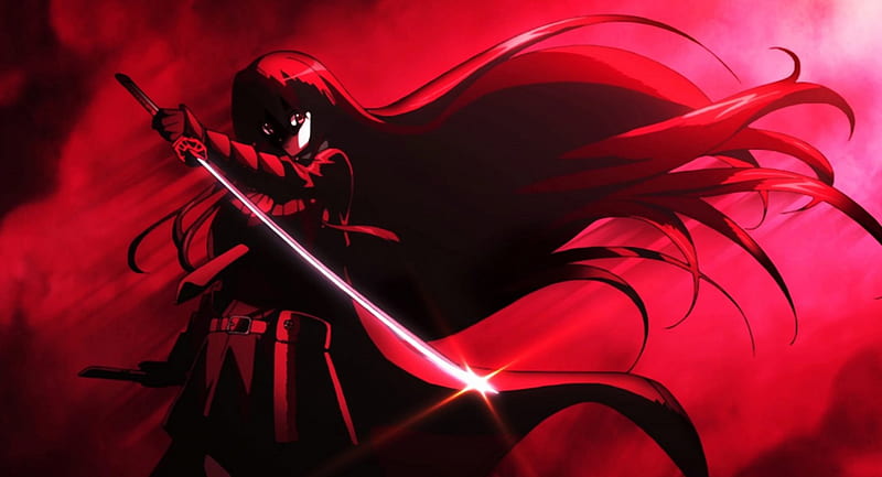 Akame - Akame Ga Kill, red, Akame Ga Kill, revolution army, murasame, black, demon sword, Akame, assasin, girl, anime, katana, sword, night raid, HD wallpaper
