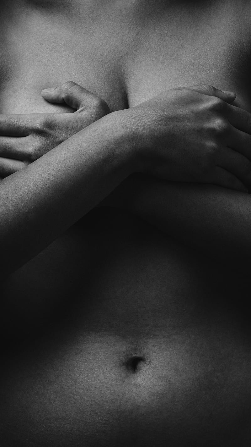 Grayscale of woman covering her breast using her both hands, HD
