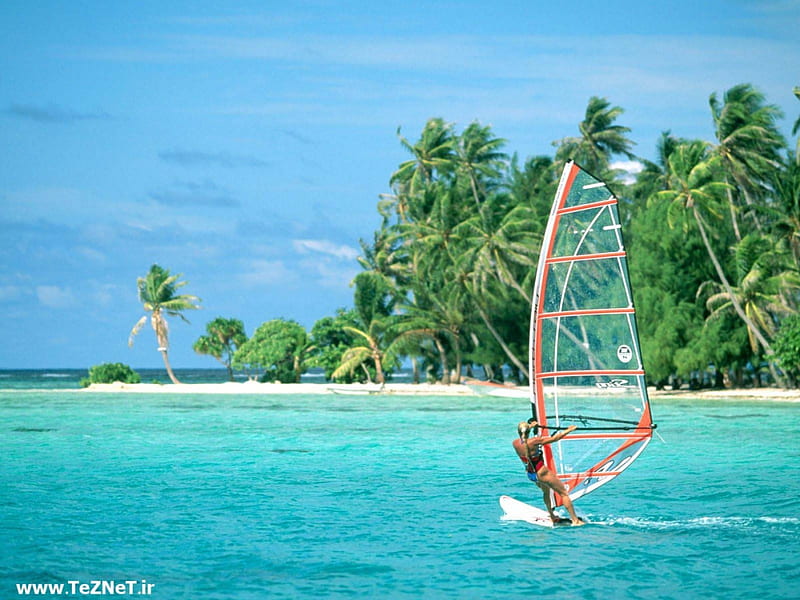 Isle Tarou - Tahiti, beach, lady windsurfing, island, tropical, tahiti, palm trees, HD wallpaper