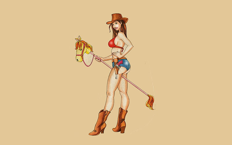 Stick Horse Is Better Than No Horse.., cowgirl, boots, women, brunettes, NRA, anime, painting, girls, art, pistol, hats, female, ranch, fun, cartoon, animation, holster, drawing, western, style, HD wallpaper